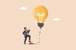 Fueling the Idea Businessman Pumping Air into a Giant Light Bulb, Symbolizing the Effort and Energy Required to Develop and Grow Innovative Concepts. vector