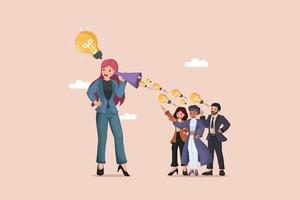 Spreading Innovative Ideas Through Effective Communication Illustration of a Businesswoman Using a Megaphone to Broadcast Light Bulb Ideas to a Group. vector