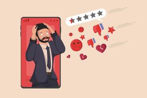 Negative Online Feedback Overload Man Stressed by Low Ratings and Disapproving Reactions on Social Media. vector