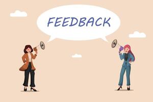Amplifying Feedback Two Businesswomen Using Megaphones to Broadcast the Importance of Opinions and Reviews. vector