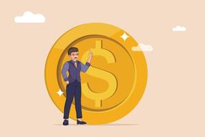 Expert financial Pointing Upward Towards a Shining, Oversized Dollar Coin, Representing Financial Goals and Success. vector