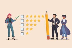 A woman in a suit is marking a checklist with a pencil, while a man and another woman stand by, representing customer satisfaction. vector