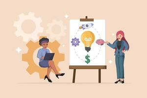 Presenting a Business Strategy for Success and Innovation Illustration of a Woman Presenting a Flip Chart with Ideas, Mechanisms, Intellect, and Growth. vector