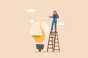 Nurturing a Bright Idea for Growth and Innovation Illustration of a Businesswoman on a Ladder Watering a Large Glowing Light Bulb. vector