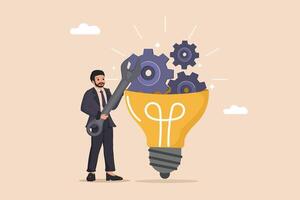Developing Innovative Solutions Illustration of a Businessman Using a Wrench to Assemble Gears Inside a Light Bulb, Representing the Process of Building Creative Ideas. vector
