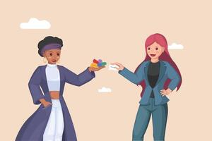 Illustration of a feedback exchange between two individuals with one offering rating elements and the other a comment. vector