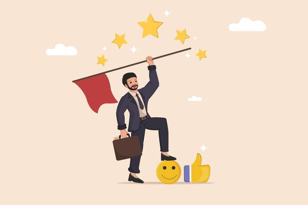 Achieving Success with Positive Feedback A Businessman Standing on a Smiley Face and Thumbs Up While Holding a Flag Underneath Shining Stars