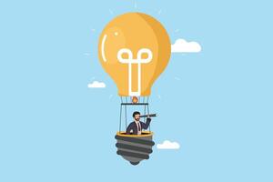 Visionary Leadership Businessman in a Light Bulb Using a Telescope to Look Towards the Future, Representing Innovative Thinking and Strategic Foresight. vector