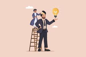 Business Innovation and Idea Generation a Illustration Showing a Woman on a Ladder Put a Light Bulb Idea in a Man's Open Head. vector