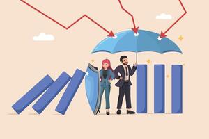 Business Protection and Risk Management a Man and Woman Shielding Falling graphs with an Umbrella and a Shield Against Declining Arrows. vector