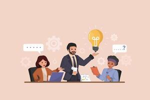 Collaborative Brainstorming and Idea Generation in a Business Meeting Illustration of Three Professionals Discussing Ideas, Symbolized by a Glowing Light Bulb. vector