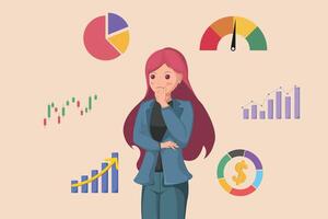 Businesswoman Analyzing Financial Data Represented by Pie Charts, Bar Graphs, Candlestick Charts, and a Performance Meter. vector