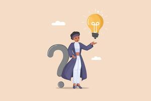 From Question to Idea Woman Presenting a Bright Light Bulb Emerging from a Large Question Mark, Symbolizing Problem Solving and Finding Solutions. vector