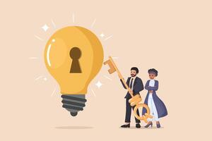 Unlocking a Bright Idea for Business Success Illustration of Professionals with a Key to Open a Large Glowing Light Bulb. vector