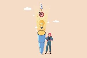 Business Objectives Through Innovation Art Depicting a Female Professional Looking Through a Spyglass Towards a Bright Idea, a Bullseye for Targets, and a Launching Rocket for Success. vector