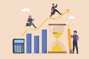 Concept of Financial Success and Planning with Charts, Calculator, Hourglass, and Individuals on an Increasing Arrow. vector