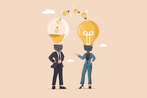 Exchanging and Generating Business Ideas Illustration of Two Business Professionals with Light Bulbs as Heads, One Receiving Ideas and the Other Presenting a Big Idea. vector