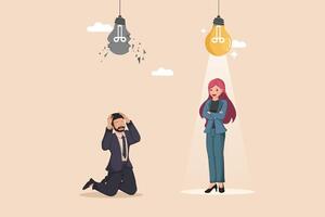 From Broken Idea to Bright Solution Illustration Showing a Frustrated Man Under a Shattered Light Bulb and a Confident Woman Under a Glowing One. vector