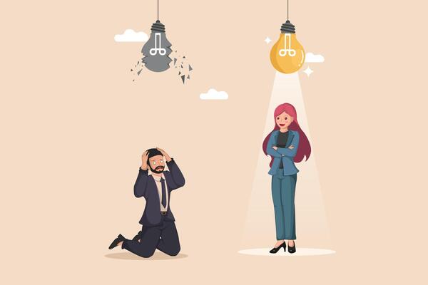 From Broken Idea to Bright Solution Illustration Showing a Frustrated Man Under a Shattered Light Bulb and a Confident Woman Under a Glowing One.