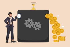 Time is Money Management Concept Businessman Holding a Clock Next to a Safe with Gears, an Hourglass on Top, and a Flow of Gold Coins vector