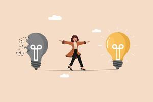 Balancing Innovation Businesswoman Walking on a Tightrope Between a Broken, Gray Light Bulb Representing Old Ideas and a Bright, Yellow Light Bulb Symbolizing New Solutions. vector