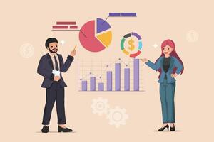 Analyzing Business Data and Financial Performance A Businessman Presenting a Pie Chart and a Businesswoman Gesturing Towards a Growing Bar Graph with Financial Icons. vector