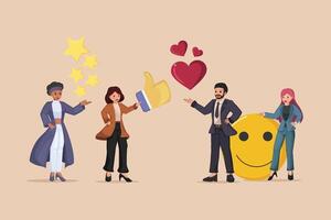 Diverse group of people expressing positive customer feedback with stars, hearts, and a smiling face. vector