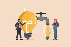The Flow of Innovation and Idea Generation Art Depicting Business People Drawing New Ideas from a Source Represented by a Light Bulb Tap.. vector