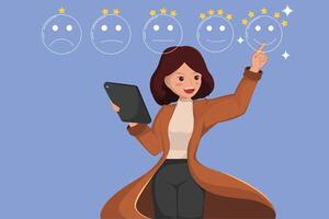Customer Satisfaction Improvement Woman Pointing to a Happy Smiley Face with High Star Rating After Reviewing Feedback on a Tablet. vector