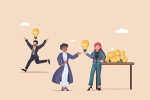 Abundance of Ideas and Collaborative Innovation Illustration Showing a Man Excited by a New Idea and Women Sharing from a Table Overflowing with Light Bulbs. vector