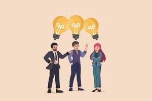 Collaborative Idea Generation and Team Brainstorming Illustration of Three Business Professionals Under a Cluster of Glowing Light Bulbs. vector