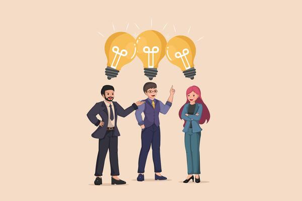 Collaborative Idea Generation and Team Brainstorming Illustration of Three Business Professionals Under a Cluster of Glowing Light Bulbs.
