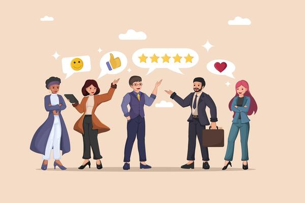 Concept Positive Feedback Professionals Expressing Satisfaction with Smiley Faces, Thumbs Up, Five-Star Ratings.