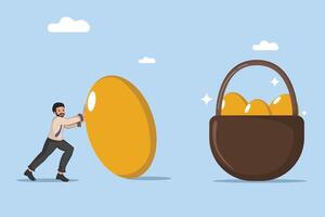 Pushing a Valuable Idea Towards Success A Businessman Rolling a Large Golden Egg Towards a Basket Filled with Other Golden Eggs. vector