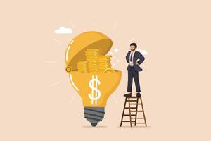 Wealth Creation Illustration of a Man Climbing Towards a Giant Light Bulb Containing Stacks of Money, Symbolizing Innovative Financial Growth. vector