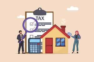 Navigating Home Taxes and Finances Two Professionals Reviewing Tax Documents and Calculations Related to Real Estate Ownership. vector