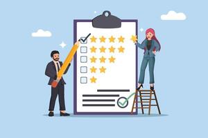 Excellent Feedback Business Professionals Completing a Checklist with Top Star Ratings to Indicate Outstanding Service or Quality. vector