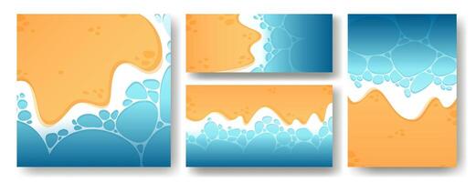 Beach, sandy shore and ocean, top view. Summer tropical background. Sea waves. Summer water surface texture with caustic ripples. Illustration of ripples on water surface. vector