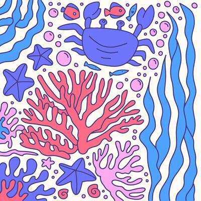 Flat doodle Design Coral and Seaweed wit crab, fish squire Composition on White Background. Minimalist Marine contour Illustration