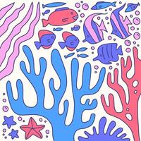 Exotic coral reef underwater nature life square hand drawn doodle concept. flat simple childish graphic design element. Naive summer composition. vector