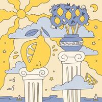 Giant Lemon and Lemon Tree on Antique Columns on Mediterranean Shore in Trippy Doodle Style. Vintage summer vibe. Flat hand drawn illustration vector