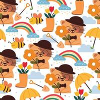 seamless pattern cartoon cat plants and sky element. cute animal pattern for wallpaper and background vector