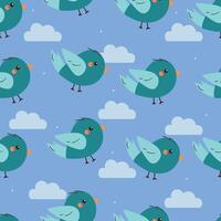 seamless pattern cartoon birds with blue clouds. cute animal pattern for wallpaper, background vector