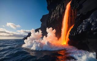 Lava pouring out of the ocean into the ocean photo