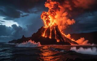 Volcano erupts in the ocean with lava and water photo