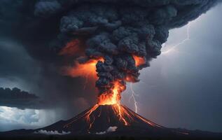 Volcano eruption with lightning and smoke photo