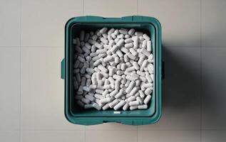 A green container filled with white pills photo