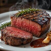 a steak is on a plate with a sauce and herbs photo