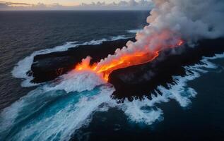 Lava flowing into the ocean from a volcano photo