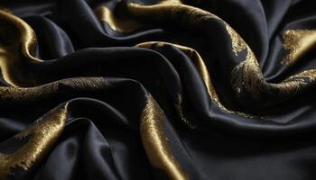 A black and gold silk fabric with a gold pattern photo